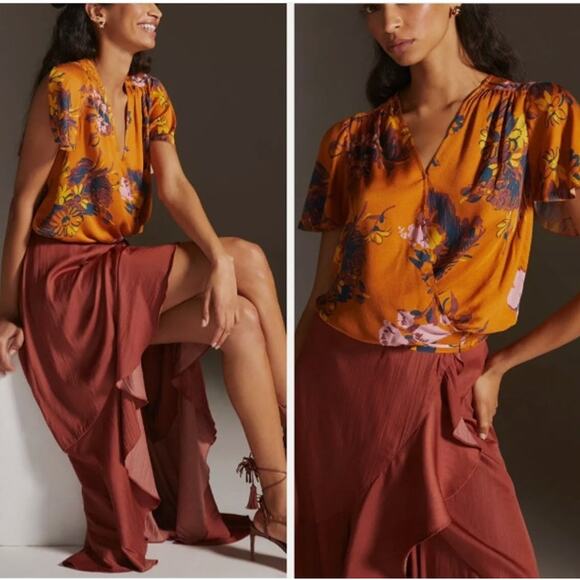 Tiny Anthropologie Floral Wrap Top Womens Sz XS Rust Orange Boho Flutter Sleeve - Picture 2 of 10